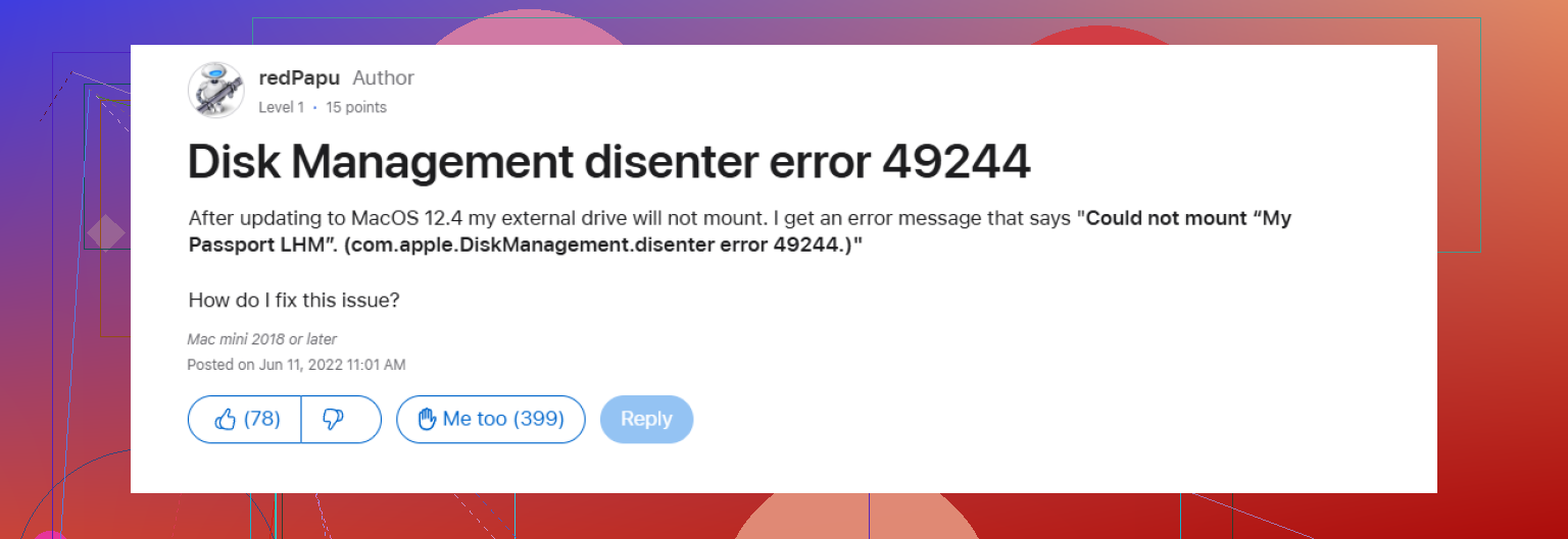 Kon Com.apple.diskmanagement.disenter-fout 49223 niet koppelen