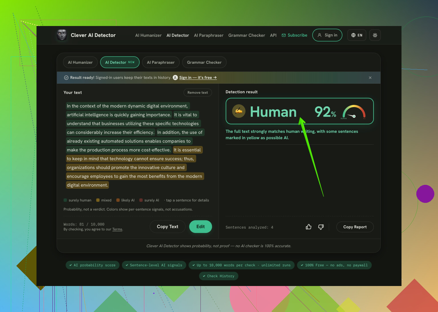 ¿Ofrece resultados fiables el detector de IA de Phrasly?